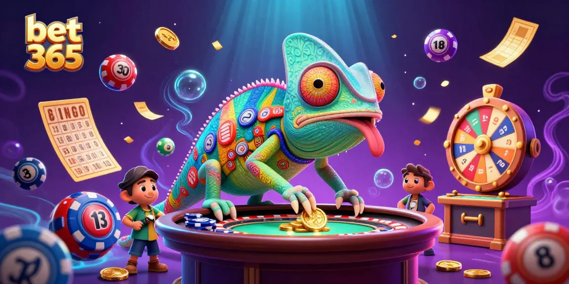 Experience bet 365's vibrant atmosphere with a chameleon casino owner and dynamic lottery elements.