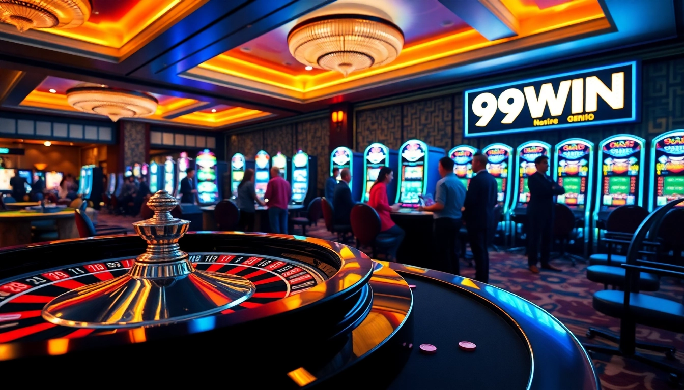 Players engaging at a bustling casino with vibrant 99WIN branding, showcasing roulette and slot machines.