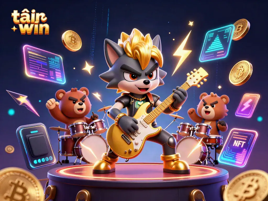 Engage in thrilling gameplay with tải sun win as a rock star wolf and drummer bear jam on a vibrant casino stage.