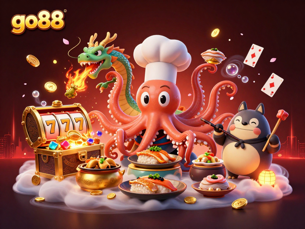 Experience go88's vibrant casino scene featuring an octopus chef preparing slots and treasures.