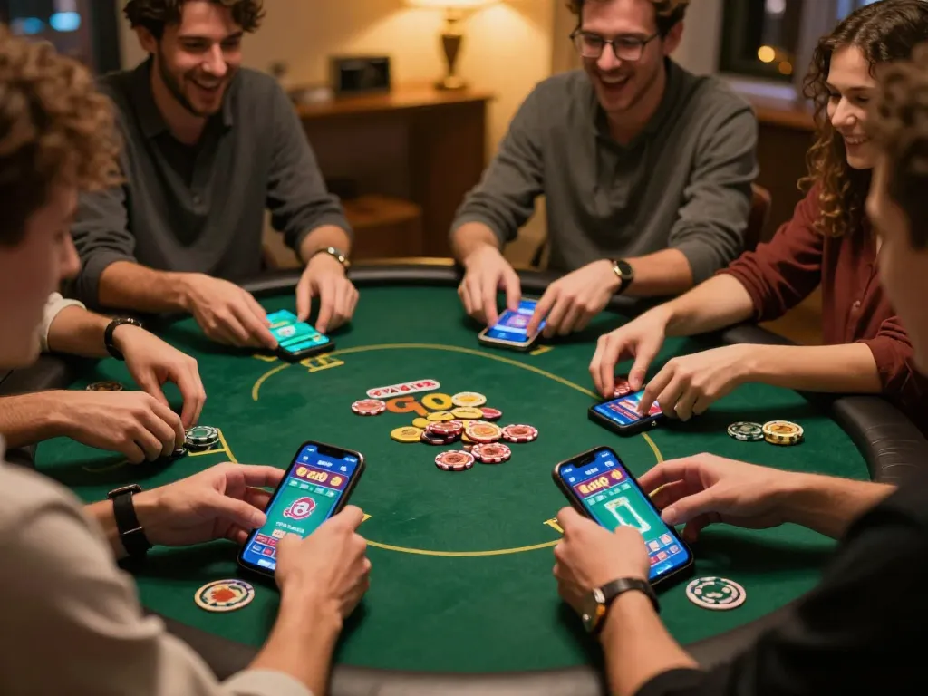 Friends enjoying Go8 casino game on smartphones during a fun home gambling night.