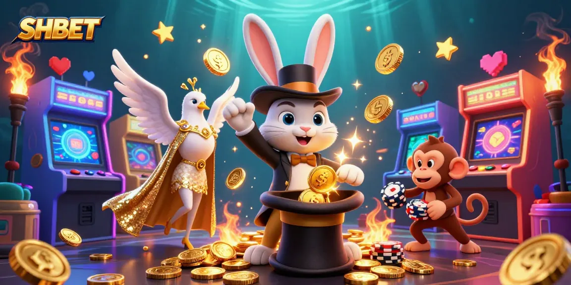 Experience winning moments with SHBET's cartoon scene featuring a magician rabbit, dove, and monkey amidst casino elements.