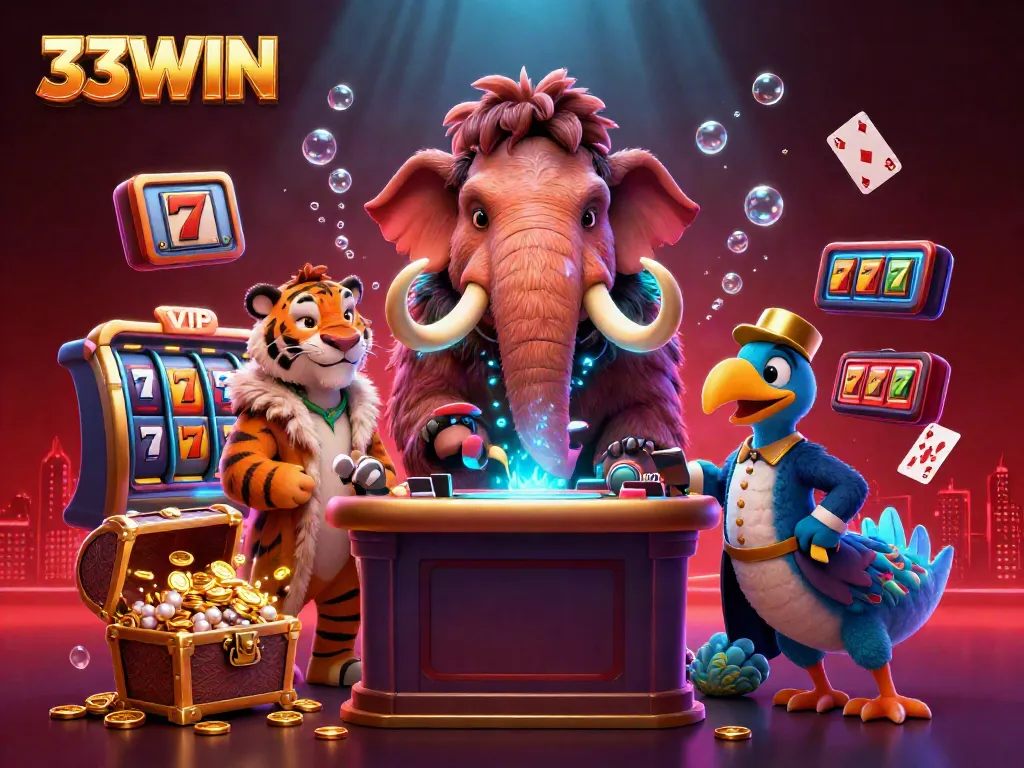 Experience 33WIN's thrilling casino world with a mammoth bouncer and colorful slot elements.