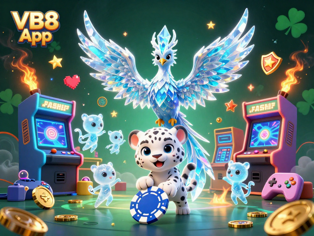 Engage with the exciting VB8 App featuring a lively 3D illustration of a playful snow leopard, a magical phoenix, and colorful gaming elements.