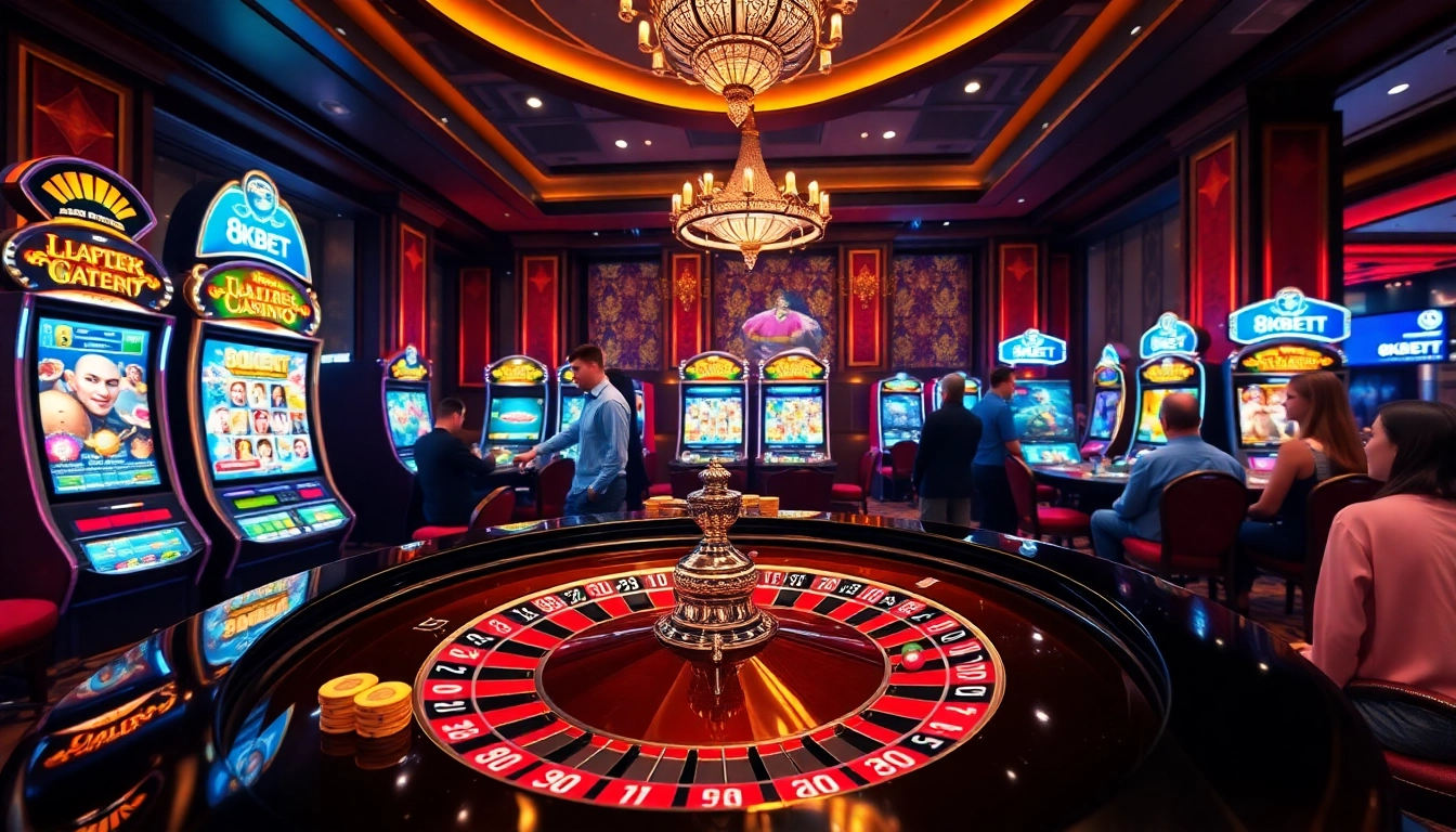 Experience the thrill of 8KBET with luxurious casino elements like slot machines and poker chips.