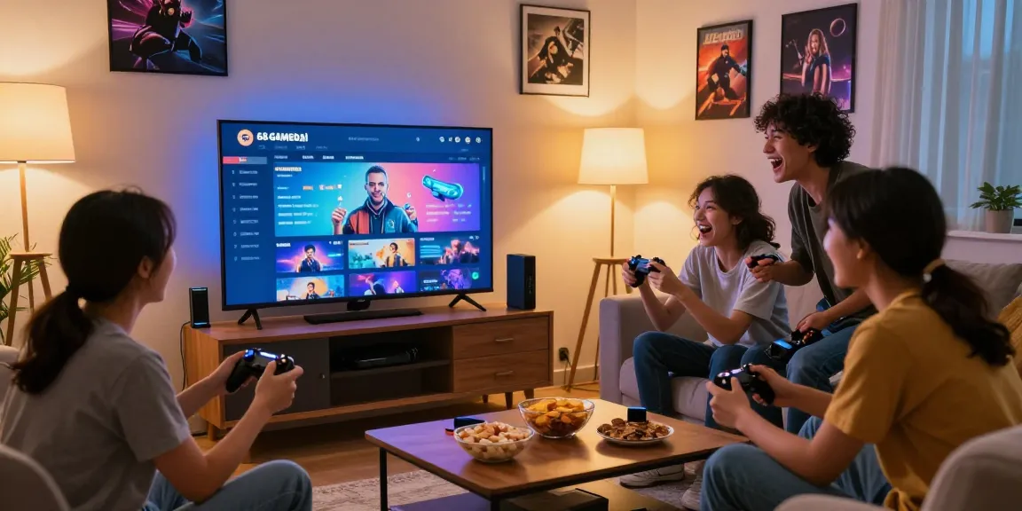 Friends enjoying 68gamebai gaming on a large screen in a cozy living room.