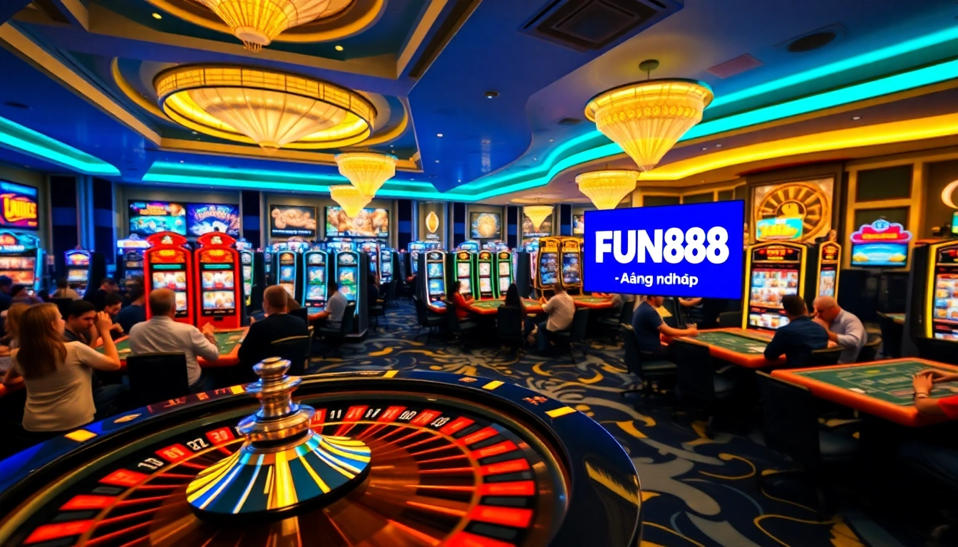 Excited gamblers at a vibrant casino scene with FUN88 đăng nhập displayed on a digital screen.