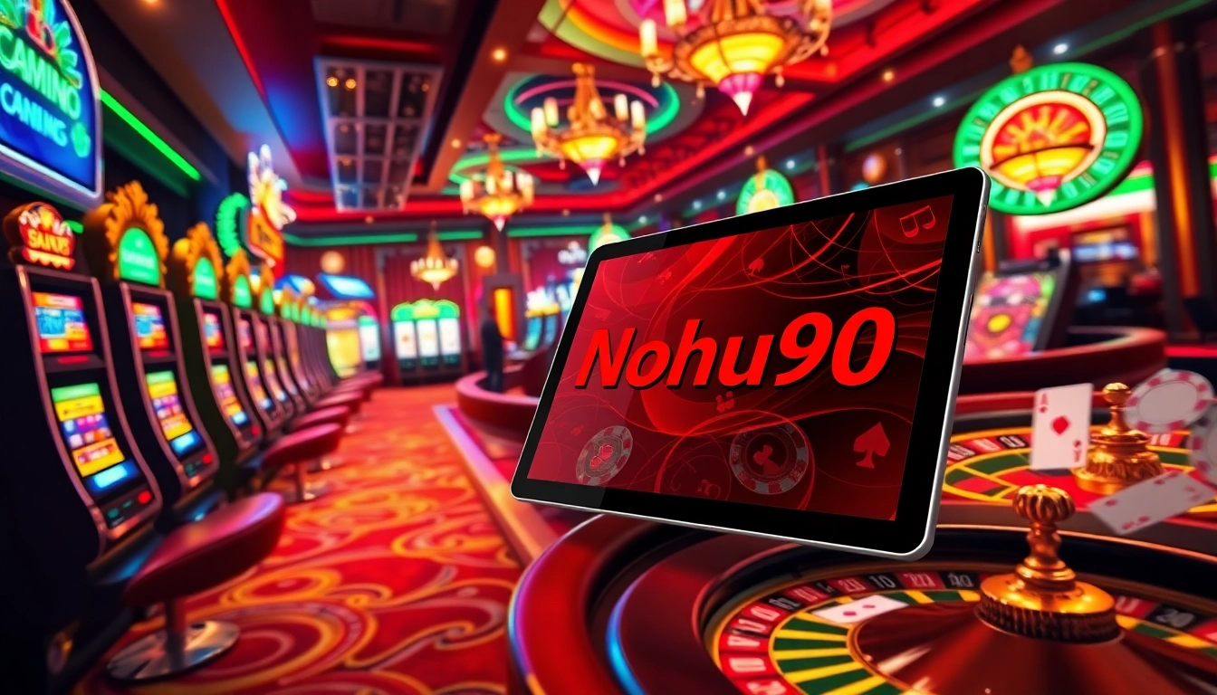Nohu90 players engaging with high-stakes slot machines in a luxurious casino setting.