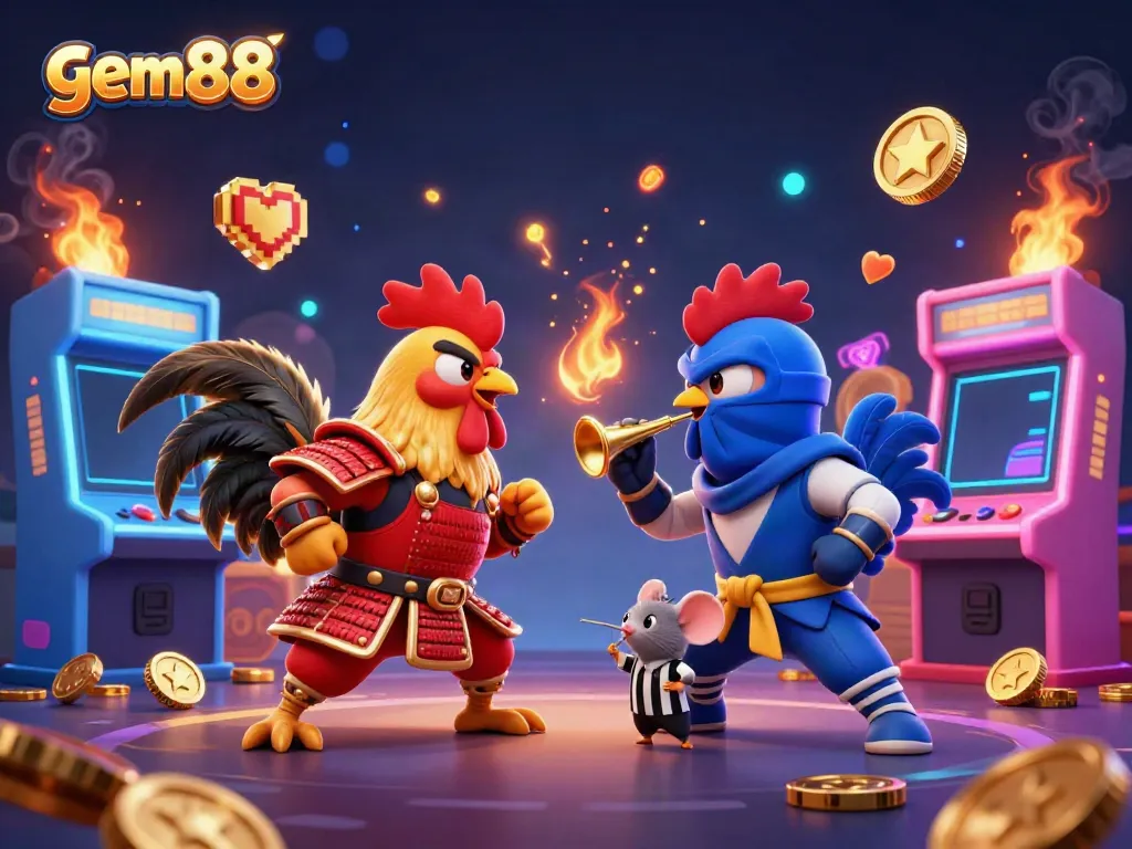 Engage in thrilling action with gem88 as duel-ready roosters compete amidst vibrant casino game visuals.
