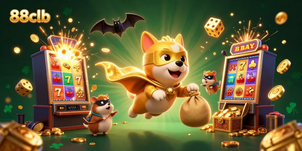 Experience the excitement of 88clb with a superhero dog and hamster soaring over a vibrant casino world.