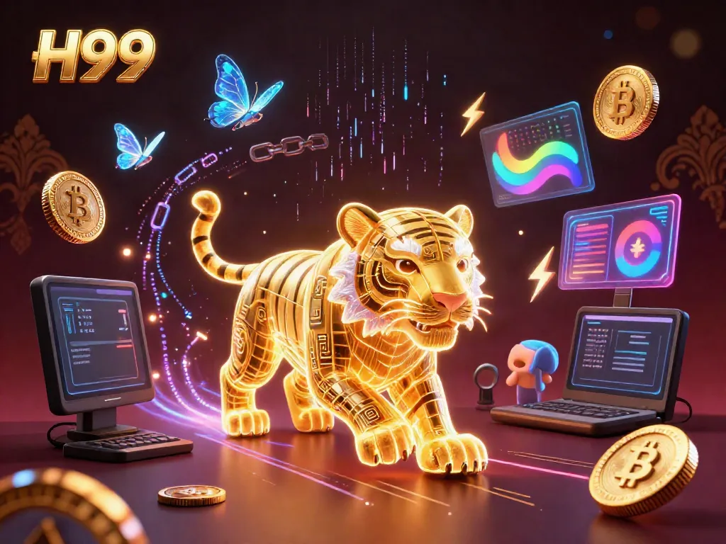 Experience H99's dazzling digital casino with neon energy and vibrant cryptocurrency elements.