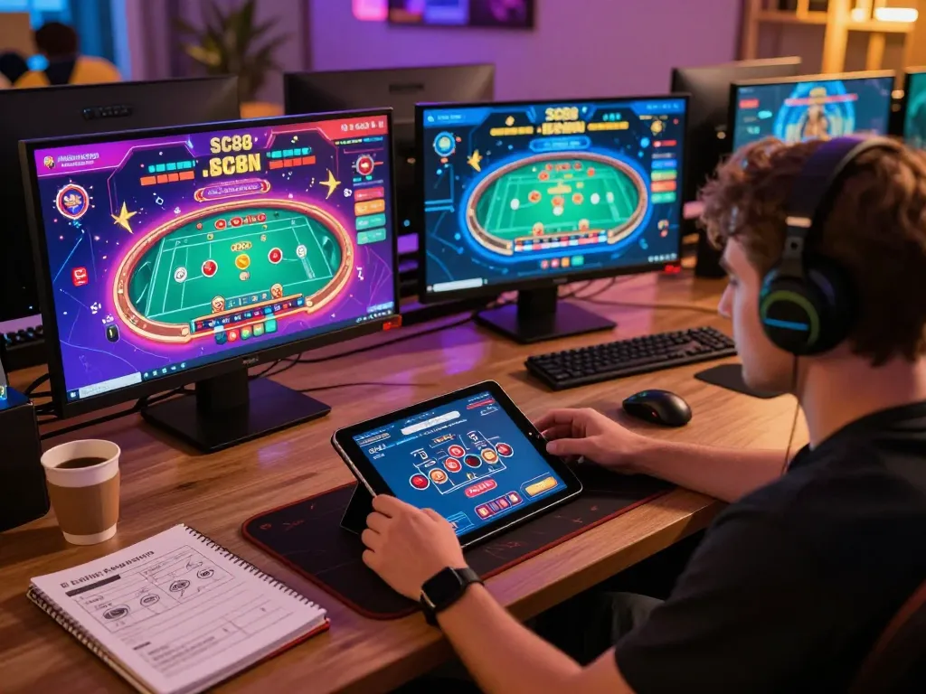 Player engaging with SC88 app for a thrilling online baccarat experience, showcasing strategy notes and gaming interface