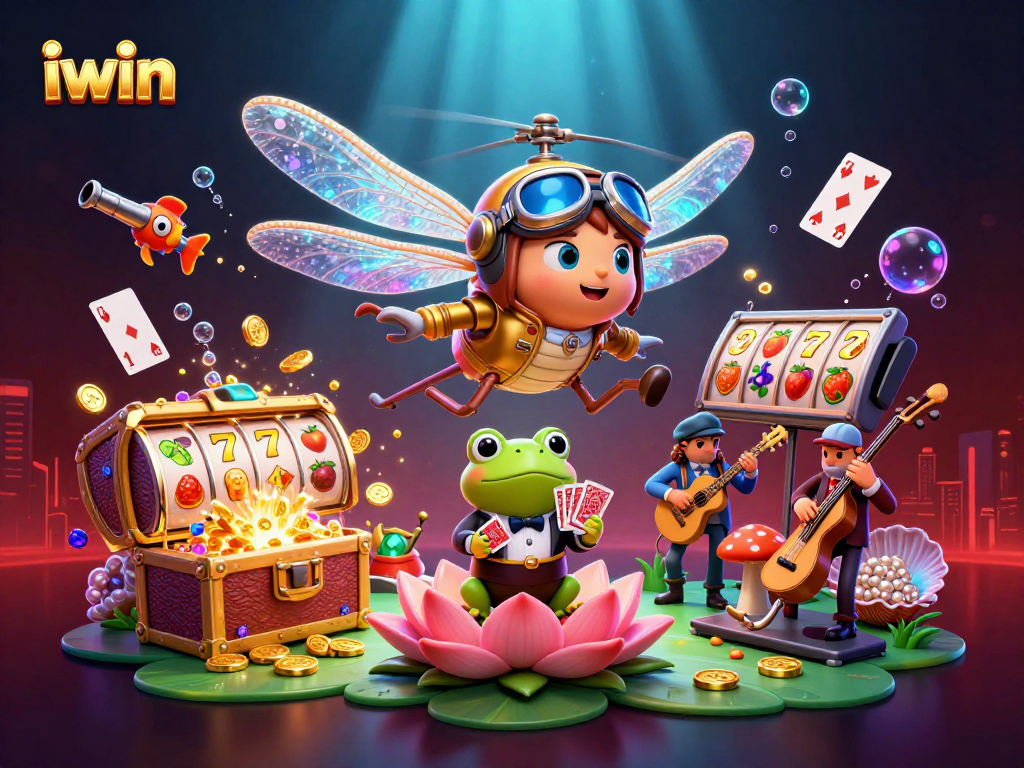 iwin's lively casino scene showcases a dragonfly pilot and frog croupier amidst vibrant gaming elements.