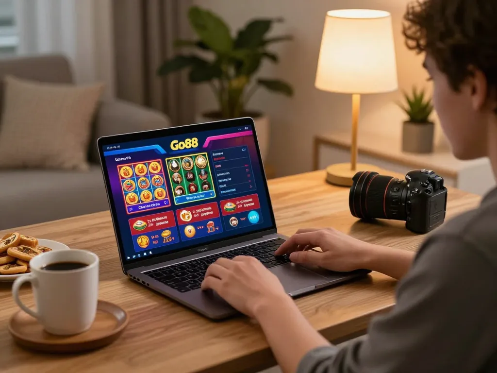 Engaging in online gaming at Go88 casino platform with vibrant interface and cozy atmosphere.