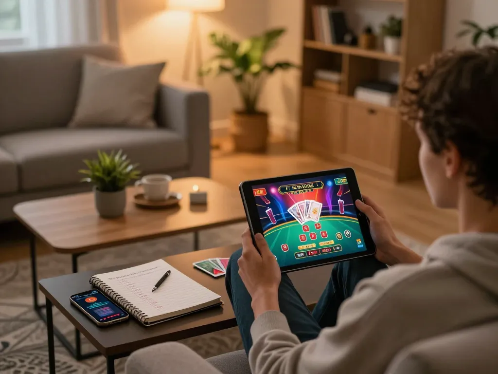 Sc88 online gamer strategizing with a tablet showing live dealer action in a cozy setting.
