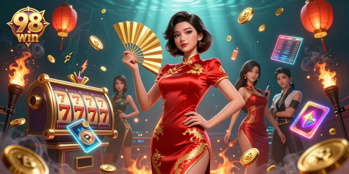 Spin the 98 win slots with exciting jackpots and glowing cryptocurrencies in a vibrant setting