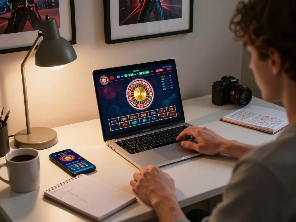 Player engaging in live roulette game at home with BL555 casino app, showing high-stakes gaming atmosphere.