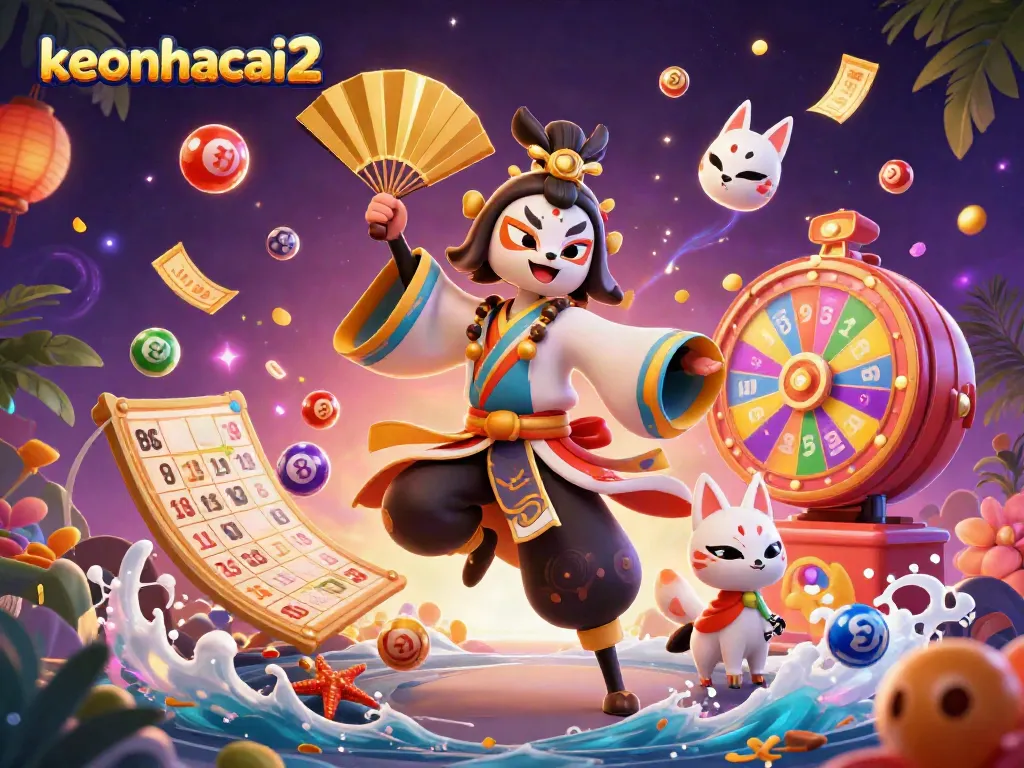 Experience thrilling gaming at keonhacai2 with vibrant lottery and bingo elements in a magical scene.