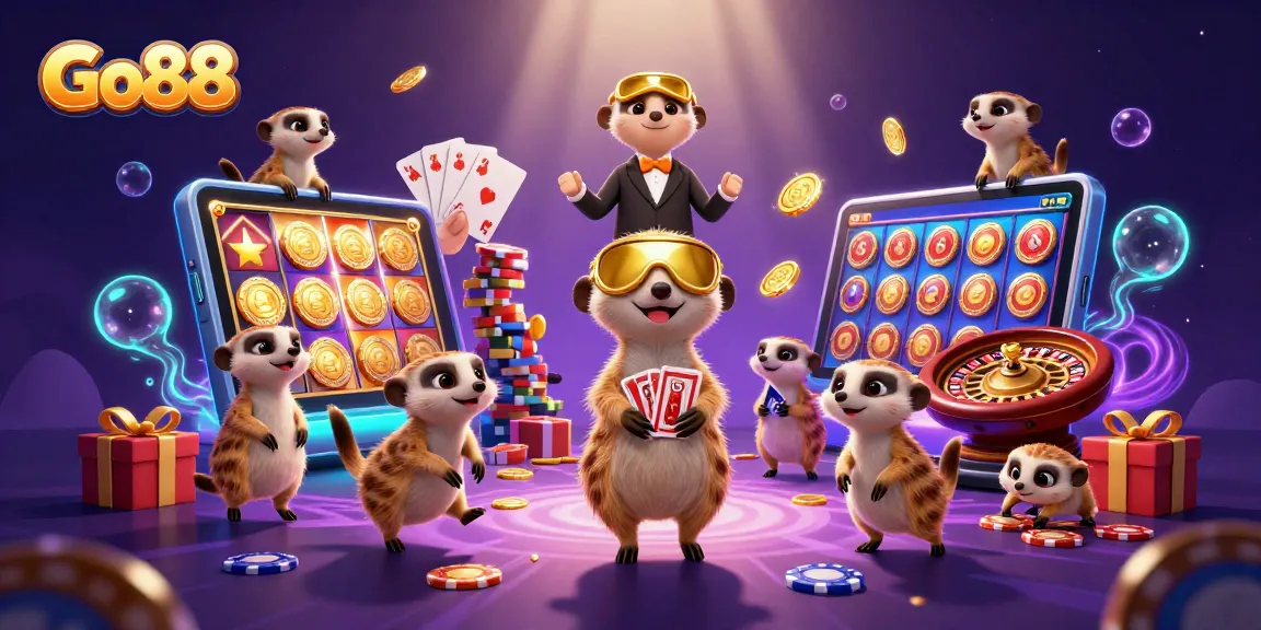 Go88 engages players in a lively 3D casino environment with meerkat characters and vibrant gaming elements.