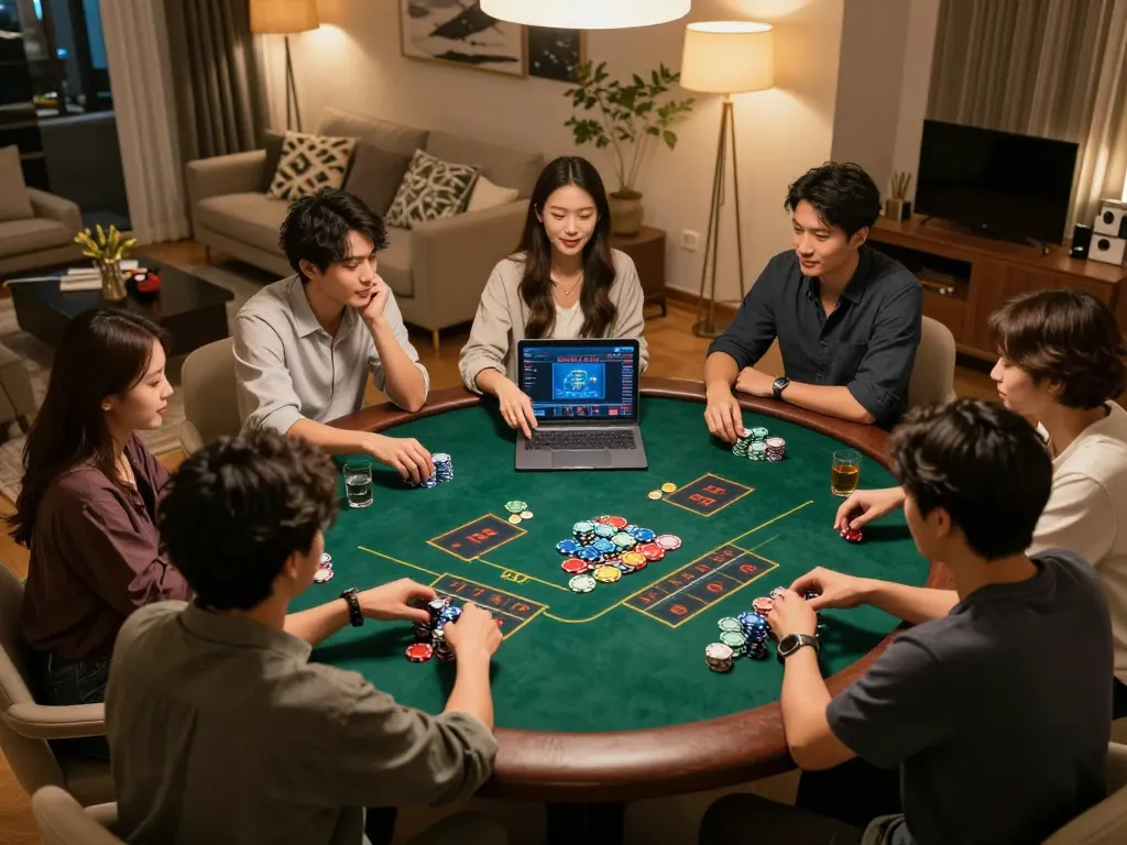 Friends enjoying a strategic game of tai xiu online in a cozy home atmosphere with drinks and chips.