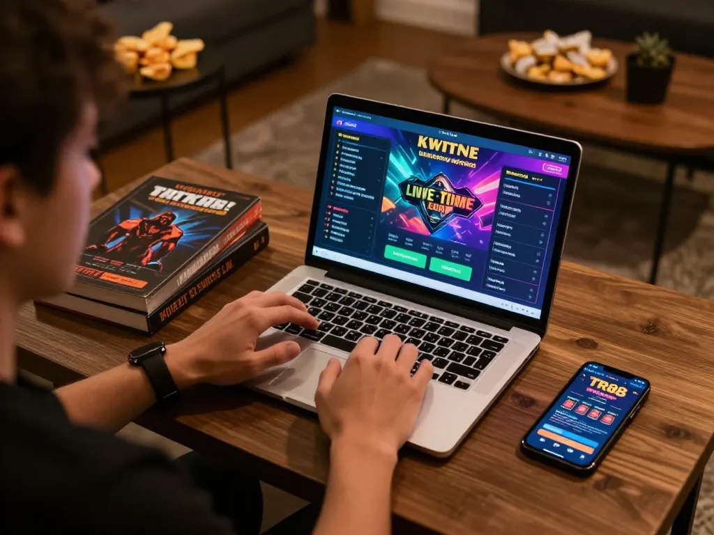 Engaging with the TR88 casino app during an online gaming session, highlighting strategy elements and a cozy setting