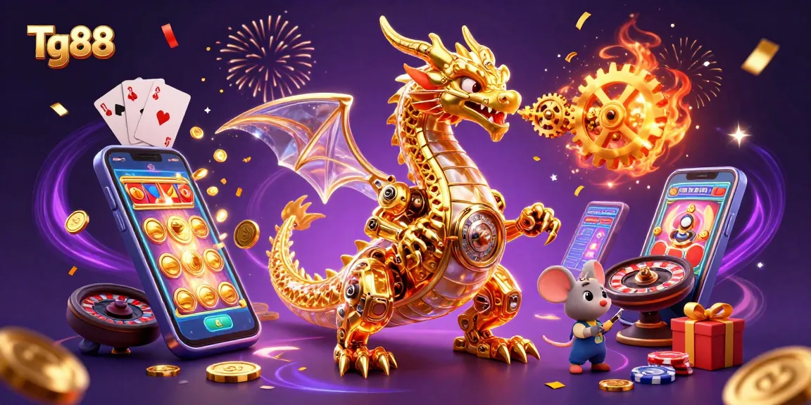 Tg88 players enjoy immersive gaming through a dynamic cartoon illustration with a golden dragon and exciting slot games.