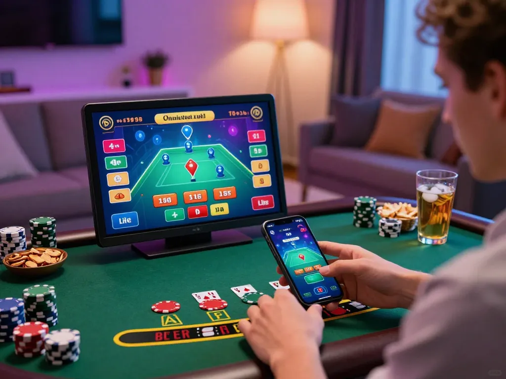 Engaging with the Trang Chủ O8 mobile app for live dealer blackjack in a cozy modern setting