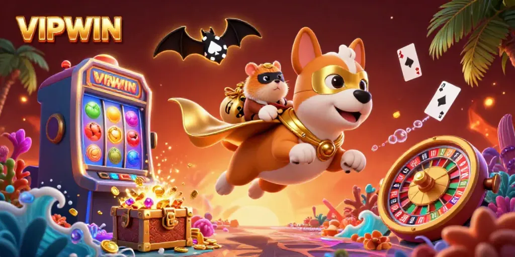 Experience the excitement of VIPWIN's dynamic casino world with vibrant gaming elements in a lively scene.