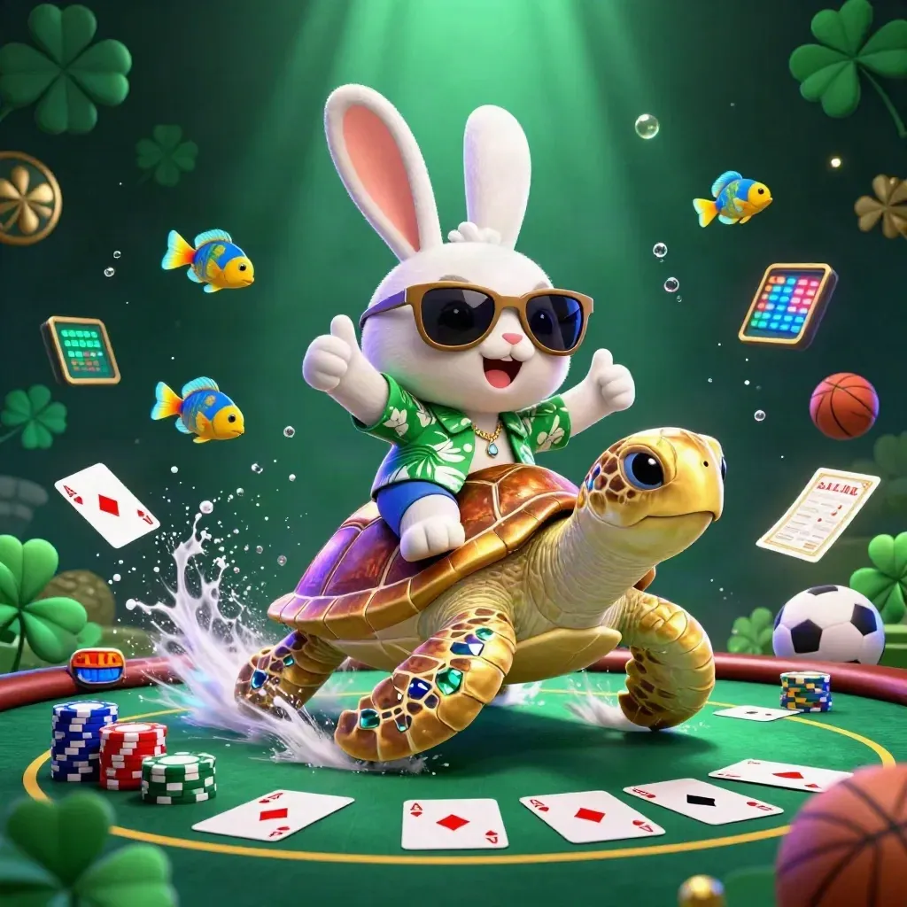 Lucky rabbit on a golden turtle amid chips, cards, fish, and neon casino glow