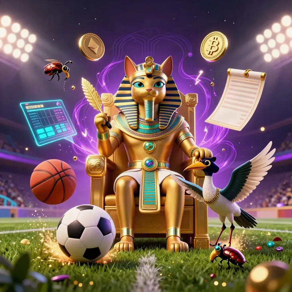 Pharaoh cat, ibis scribe, scarabs, balls, coins and neon casino effects in purple-gold glow