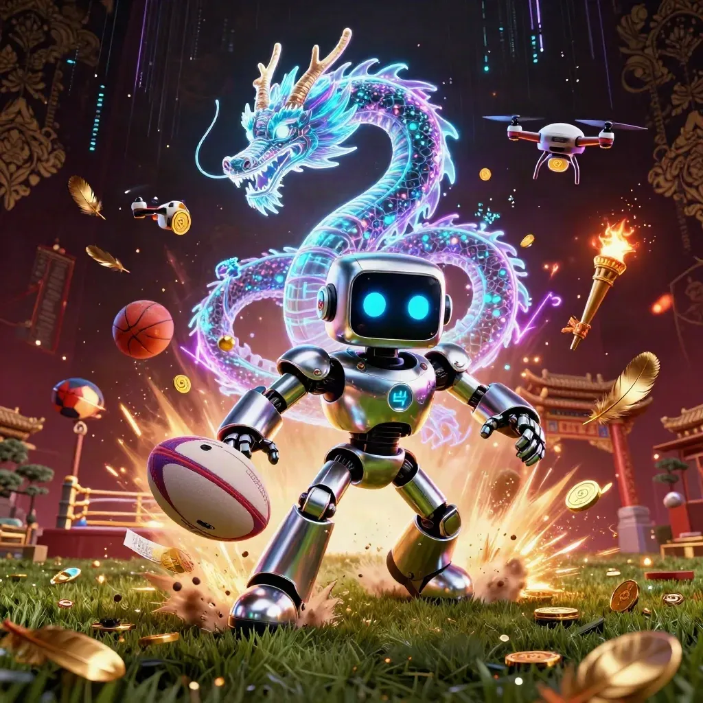 Chrome robot, holographic dragon and coin drone explode around a rugby ball in neon casino style.