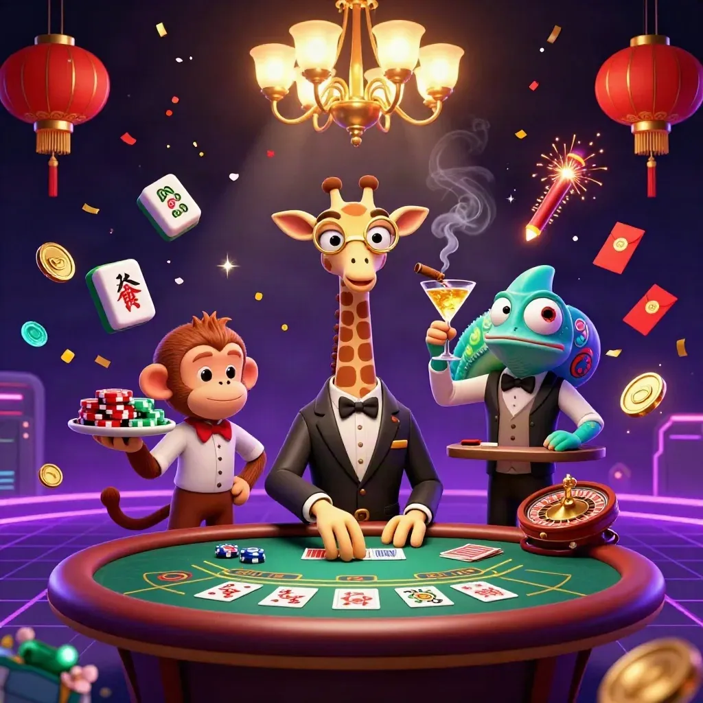 Giraffe, monkey, and chameleon in a luxe casino scene with lanterns, coins, and fireworks.