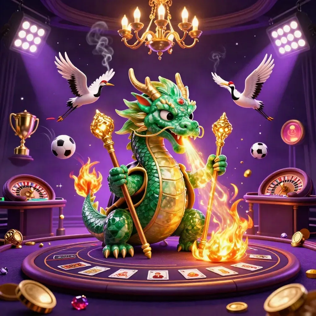 Dragon, turtle sage and cranes in a neon casino room with gold fire, coins, balls and purple glow.