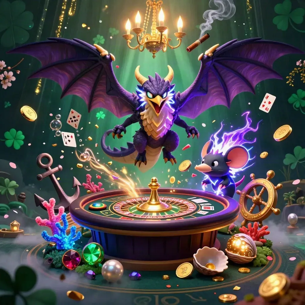 Thunder dragon, wind hawk, and crackling mouse in a luxe neon casino treasure cove.