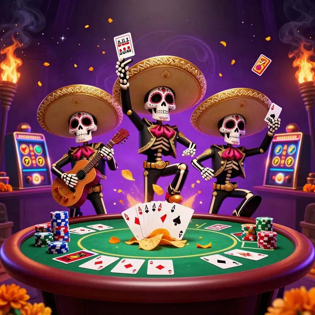 Festive skeleton mariachi trio amid casino cards, chips, reels, and neon purple magic.