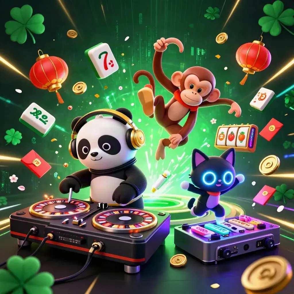 DJ panda, breakdancing monkey, and rave kitten amid neon casino bursts, coins, lanterns, and jackpot glow
