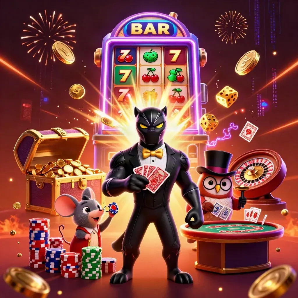 Panther, owl and mouse amid bursting slots, gold coins, fireworks and casino glow.
