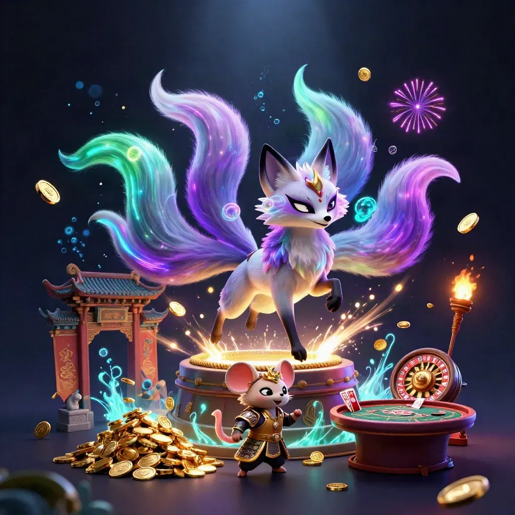 Neon fox spirit and gold-armored mouse amid vault burst, coins, temple, and casino lights