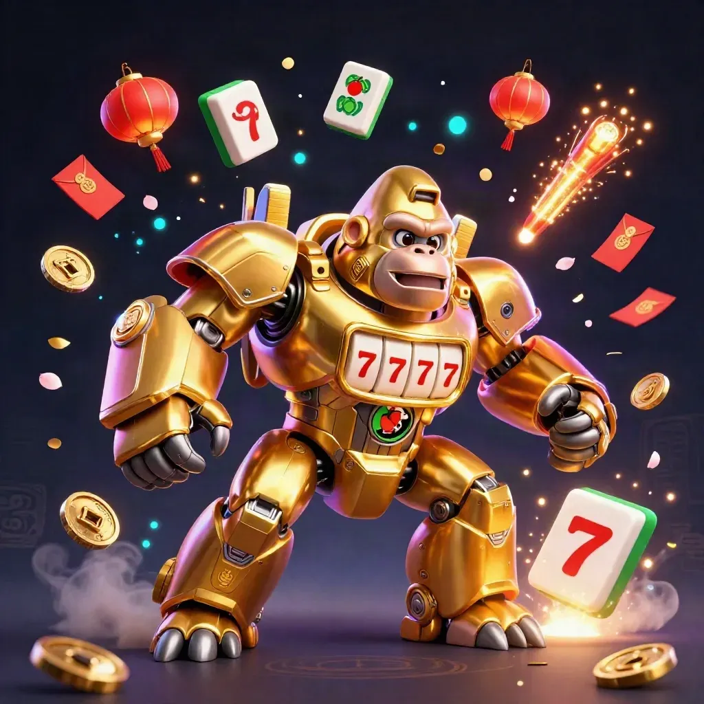Golden gorilla slot mech with a tiny monkey pilot amid coins, lanterns, and neon casino magic