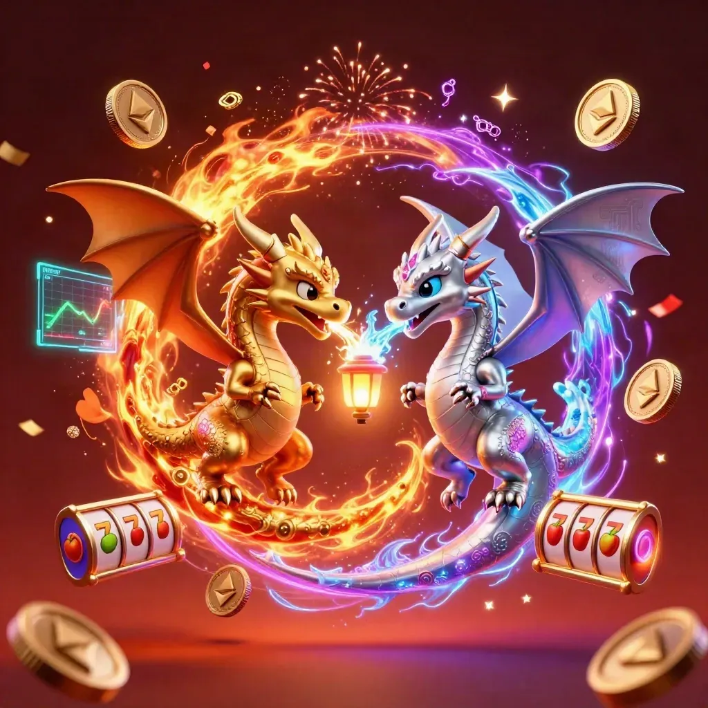 Twin gold and silver dragons spiral with coins, reels, and neon casino energy in a fiery dark glow.
