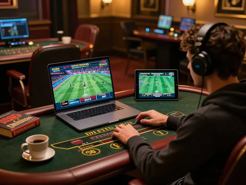 Engaged player placing bets on vipwin's online platform using laptop and tablet in a comfortable home setting