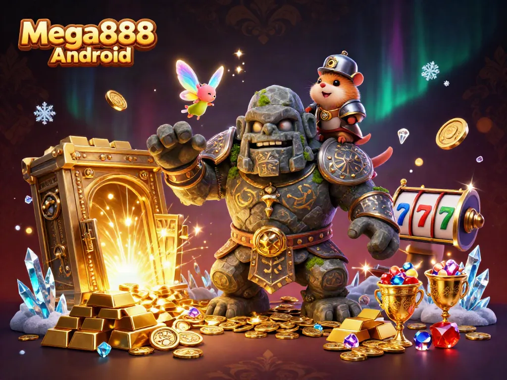 Experience Mega888 Android with a golem guardian and fairy amidst treasures and slot elements.