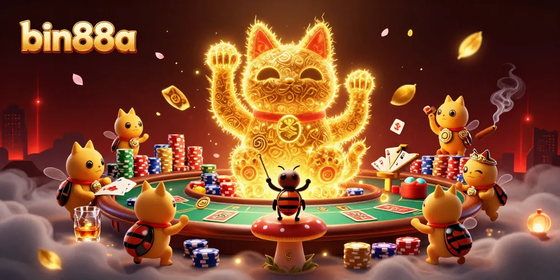 Experience exciting gameplay with bin88a's vibrant lucky cat 3D illustration, showcasing casino elements.
