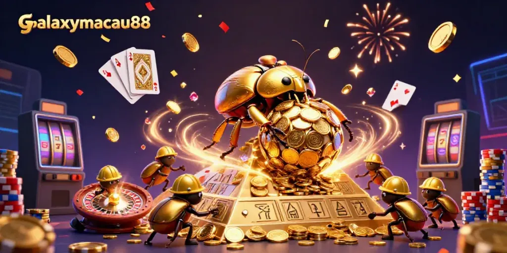 Experience thrilling action with galaxymacau88 featuring a golden beetle in a vibrant casino scene.