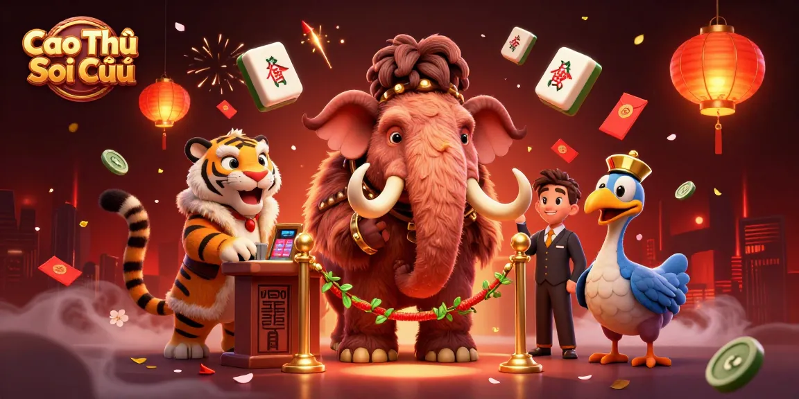 Cao Thủ Soi Cầu showcases a vibrant casino scene with animated characters like a mammoth bouncer and a VIP saber-tooth tiger.