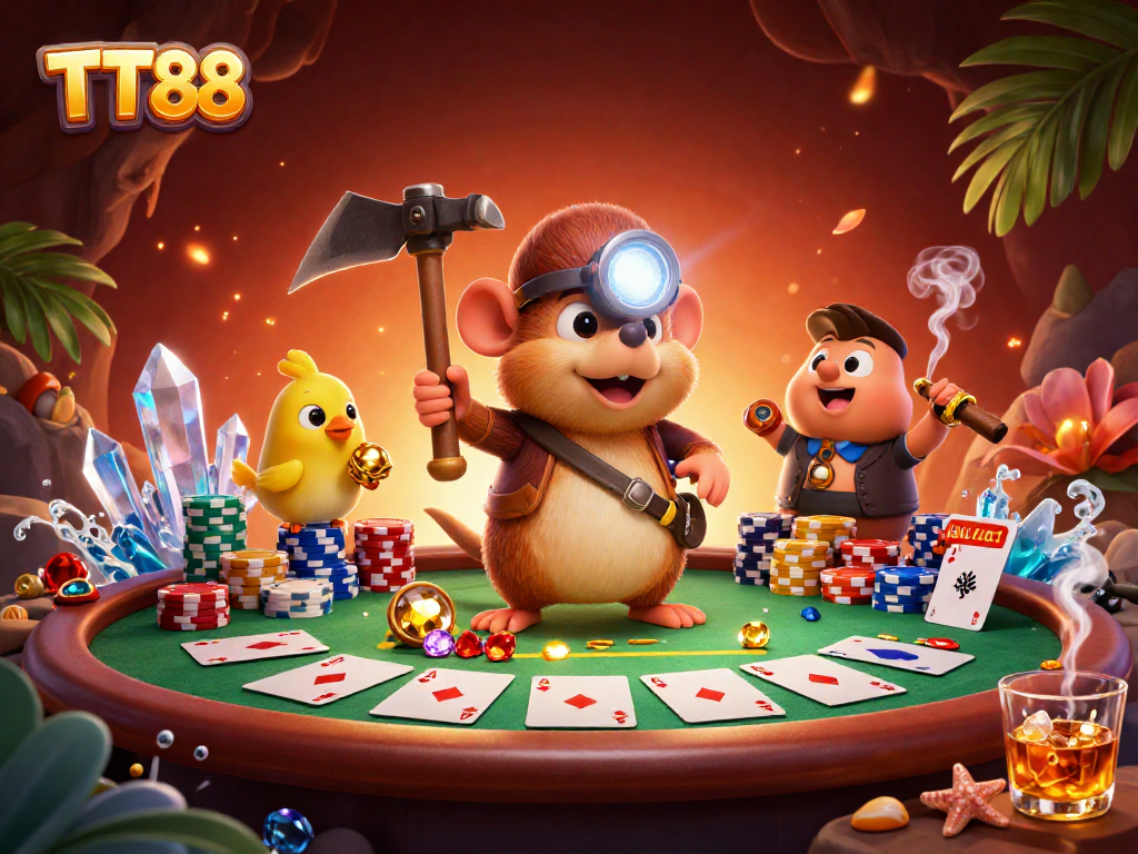 Engage with TT88 through vibrant 3D illustration highlighting casino excitement and treasure hunting.