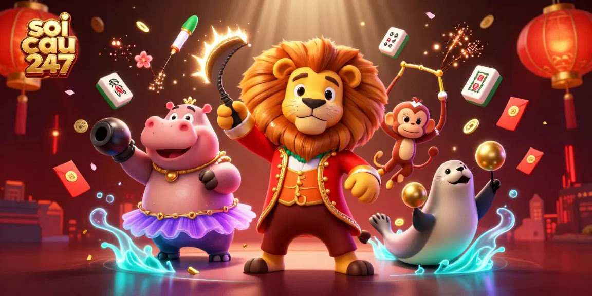 Soi cau 247 reveals winning strategies amidst 3D circus characters celebrating with vibrant casino symbols.