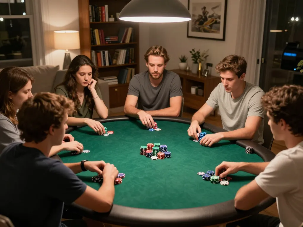 Friends enjoy a competitive poker night at home, showcasing iwin strategies and vibrant gameplay.