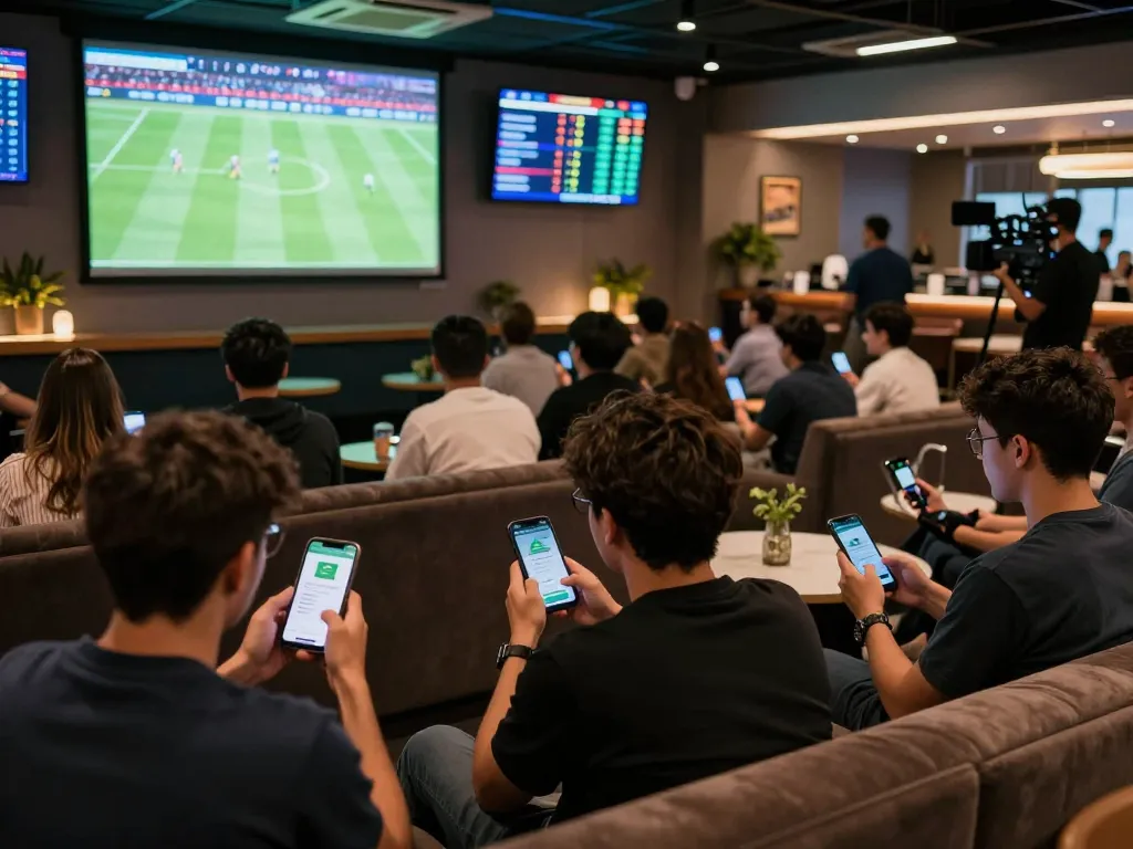 Soi kèo bồ đào nha strategy in vibrant sports betting lounge with fans engaged in live game.