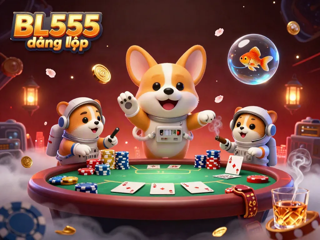 Engage with BL555 đăng nhập through a vibrant casino-themed space filled with poker chips and characters.